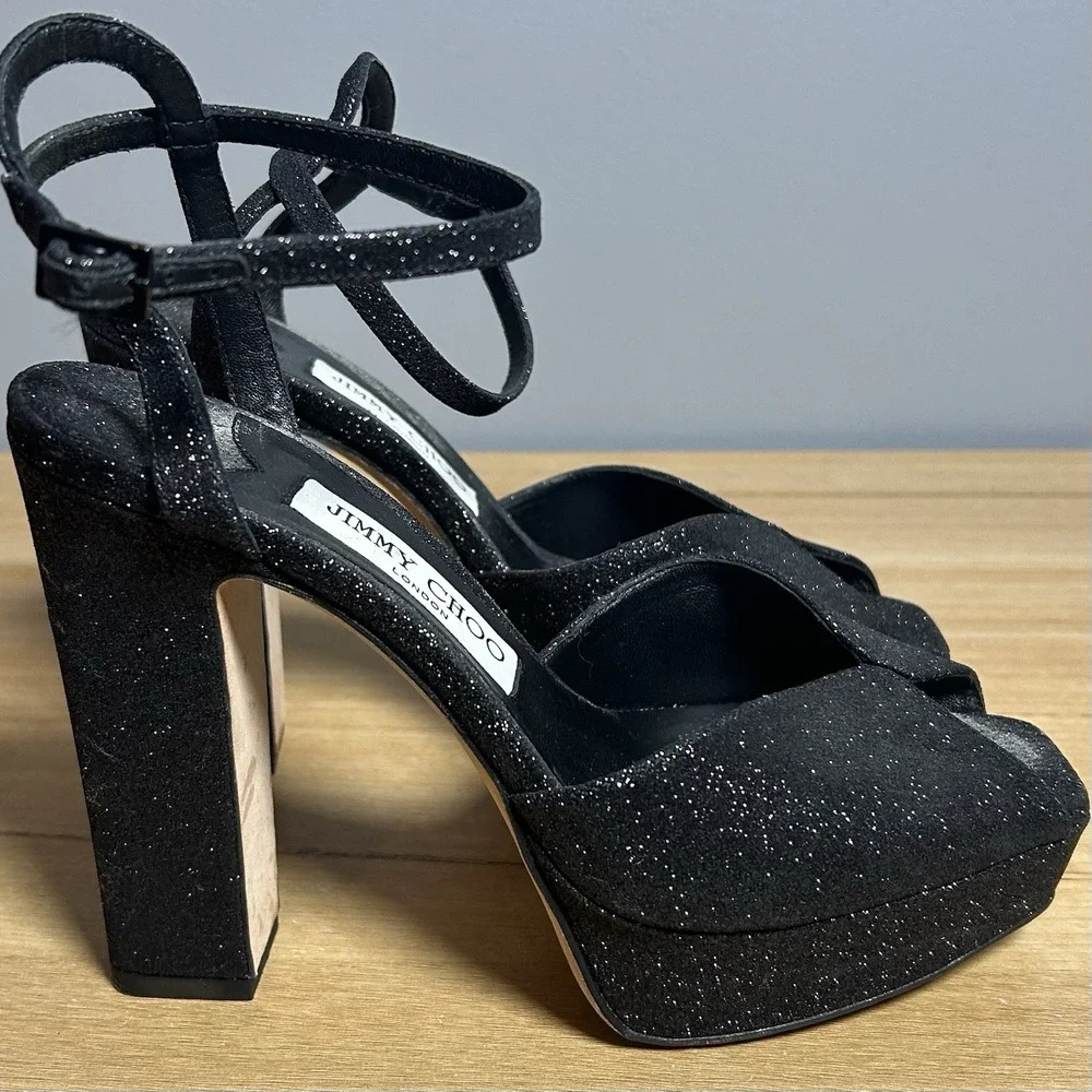 Jimmy Choo London Made in Italy Black Glitter Sacaria Block Platform Sandals